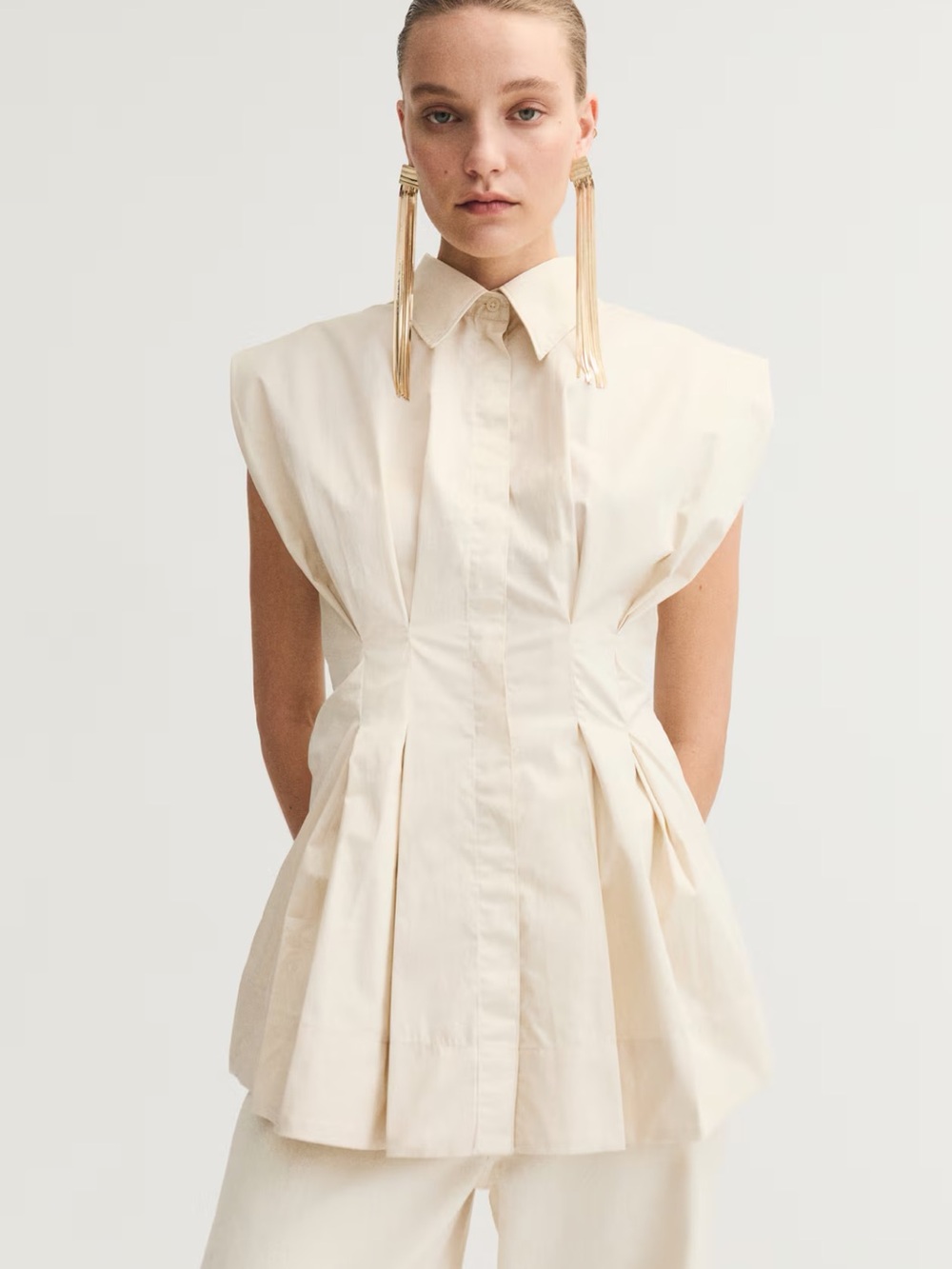 H&M Cream Structured Pleated Shirt Dress